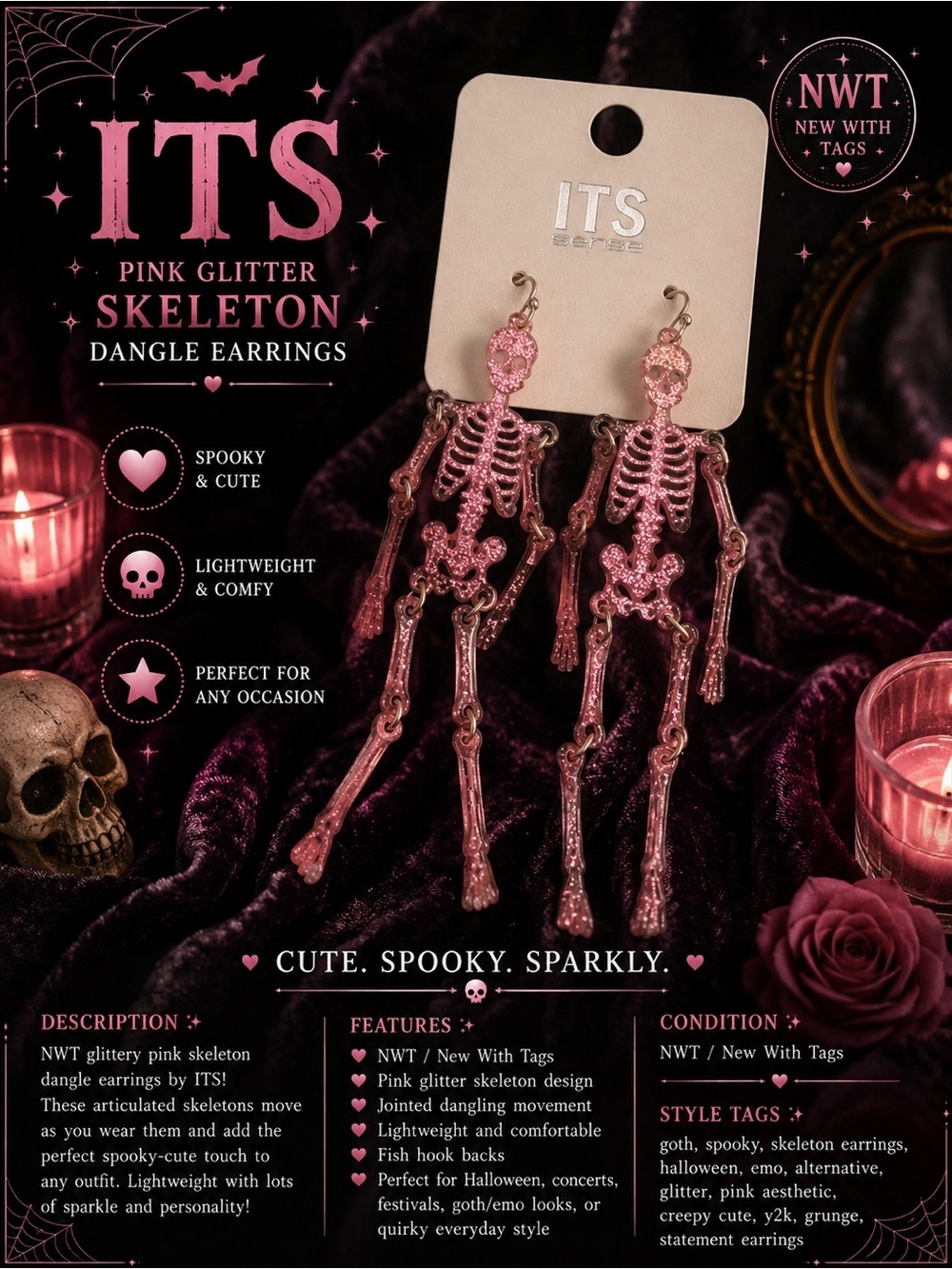 NWT ITS Pink Glitter Skeleton Dangle Earrings Goth Halloween Spooky Cute